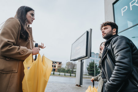 A group of young people engage in a discussion beside a bright yellow umbrella, with shopping bags in hand, on a bustling city sidewalk.の写真素材