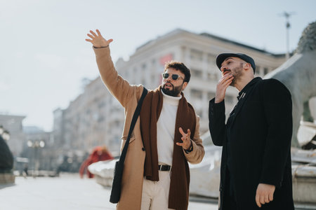 Two sophisticated male professionals in fashionable winter coats strolling through a cityscape, exuding confidence and success.の写真素材