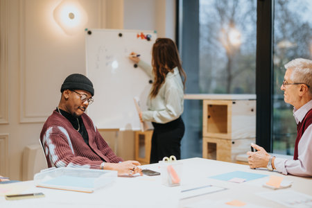 Diverse team engaging in a creative business meeting in a modern office.