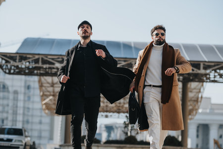 Confident business partners walking outdoors in stylish autumn attire.の写真素材