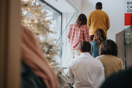 Diverse group of people walking upstairs at a festive venue with Christmas decorations.の写真素材