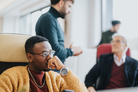Thoughtful businessman in workshop listening to colleague speaking.の写真素材
