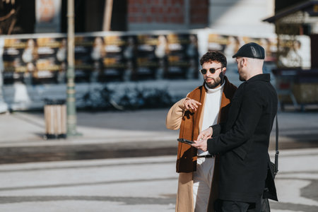 Two professionally dressed men holding a tablet and discussing work while standing on a city street,...