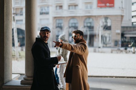 A pair of professional businessmen engage in a collaborative discussion while working outdoors,...