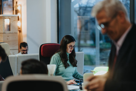 A group of professionals engaged in their work in a well-lit office space during evening hours, showcasing productivity and corporate lifestyle.の写真素材