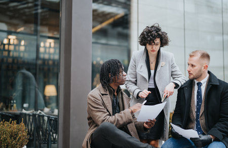 Diverse business team in an informal outdoor meeting with documents.の写真素材