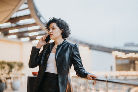 Professional woman in leather jacket on phone call at modern outdoor setting.の写真素材