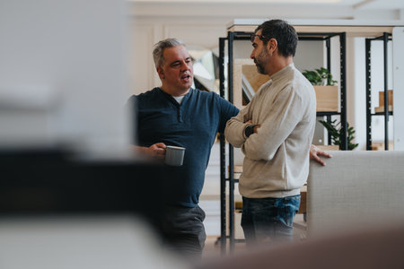 Two professional men engaging in a casual conversation in a modern officeの写真素材