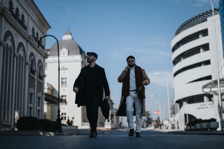 Stylish men walking confidently in urban setting with modern architecture.の写真素材