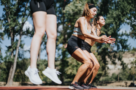 Females With Active Lifestyle. Athletes in the City Jumping and Exercising Outdoors with Elastic for...