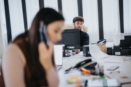 Focused young professionals in a busy modern office environment, woman on the phone and man at the computerの写真素材