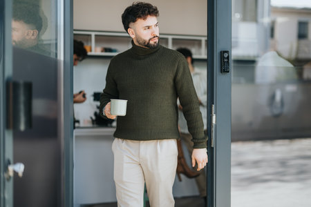Male employee holding a cup of coffee going out for a break and fresh air on a beautiful sunny day.の写真素材