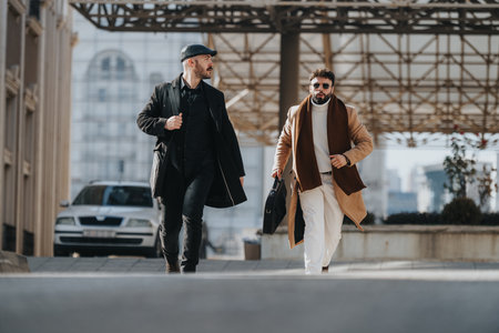 Confident male professionals in stylish winter attire walk together in a dynamic urban setting, exuding success and partnership.の写真素材