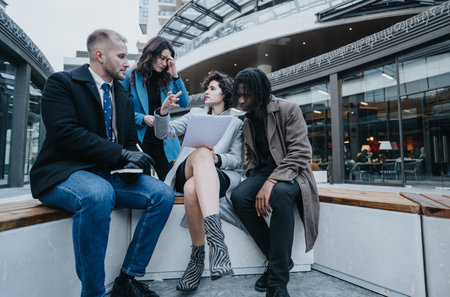 Multicultural business team in outdoor meeting discussing project in urban setting.の写真素材