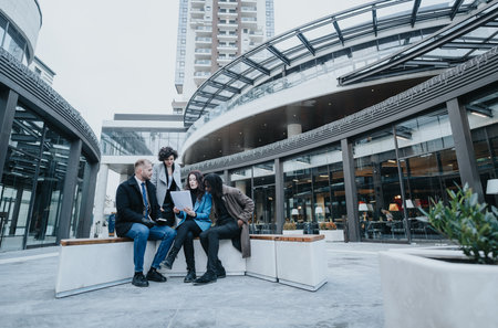Professional team meeting outdoors beside urban office buildings.の写真素材
