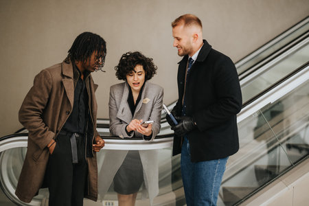 Three business professionals in stylish attire converse on an escalator, showing teamwork,...