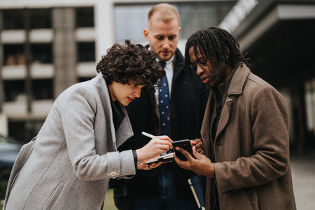 Young multiracial business team engaged in discussion outdoors.の写真素材