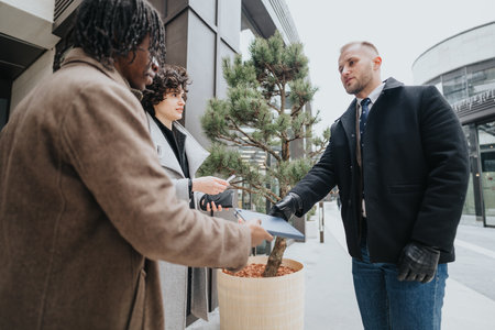 Three business colleagues engaged in a casual discussion outdoors, with one holding a smart phone near a small potted evergreen tree.の写真素材