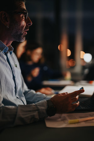 Focused colleagues engaged in late night business meeting in office.の写真素材