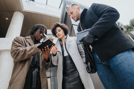Three multicultural business partners engage in a friendly discussion while sharing notes outside a...