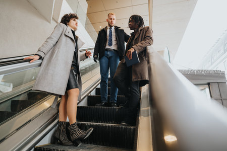 Three business colleagues in modern attire engaging in a conversation while riding down an escalator in a corporate environment.の写真素材