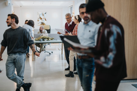 Diverse colleagues in creative office environment discussing projects.の写真素材