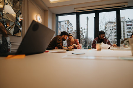 Multi generational, diverse team collaborating in modern office setting with city view.