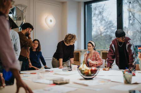 A multi-ethnic group of people collaborates around a laptop in a well-lit contemporary workspace, discussing business strategies.の写真素材