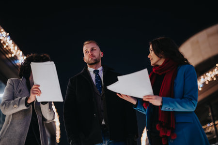 A group of business friends engaged in a discussion over paperwork at night, illuminated by ambient...