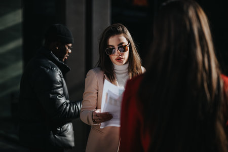 Dynamic business team engaging in an outdoor meeting on a sunny day.の写真素材