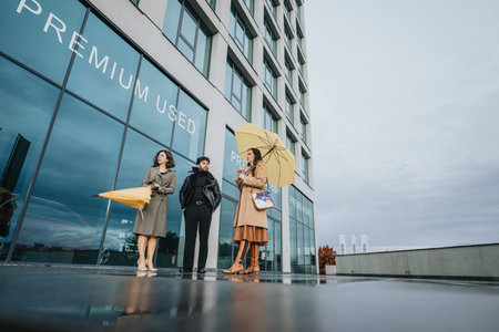 Group of fashionable young people carrying vibrant umbrellas standing in front of a contemporary...