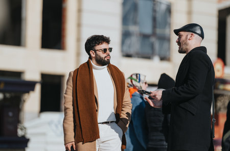 Two stylish men engaging in a casual conversation outdoors in the city.の写真素材