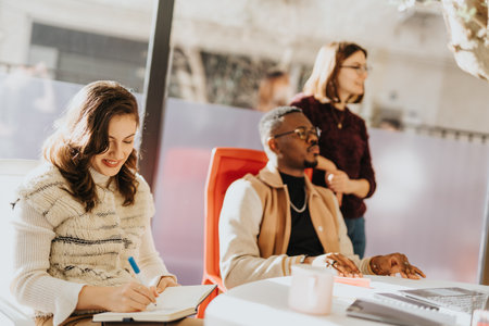 Diverse business professionals collaborating in a sunlit office, discussing project ideas and strategizing for a successful marketing strategy.の写真素材