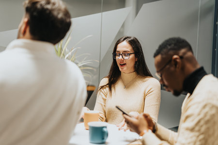 A diverse group of colleagues collaboratively discussing business growth and profitability in the office during a late evening meeting.の写真素材