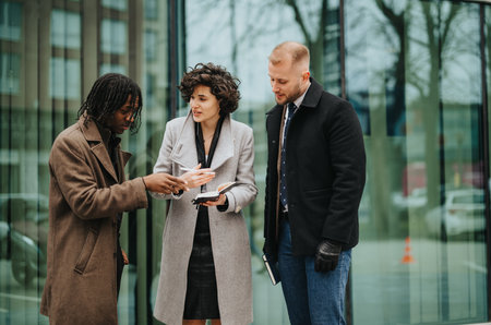Three people in warm coats stand together discussing work-related documents against a city backdrop,...