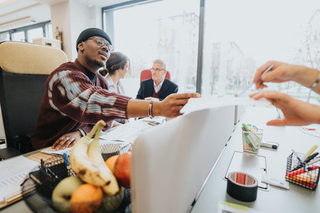 Multiethnic teammates in casual business meeting exchanging ideas in modern office space.