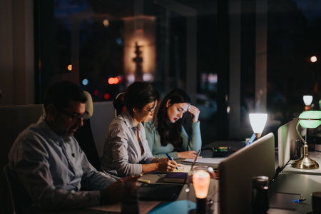 A focused group of multigenerational people in a business meeting, showcasing teamwork and collaboration in a modern office environment.の写真素材