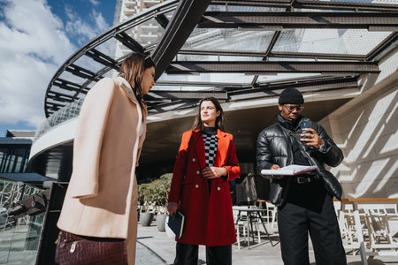 Urban businesspeople in casual meeting outdoors with modern architecture backdrop.