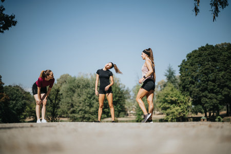 Active females enjoying outdoor sports and training in a park. Fit girls stretching and staying fit in a positive atmosphere.の写真素材