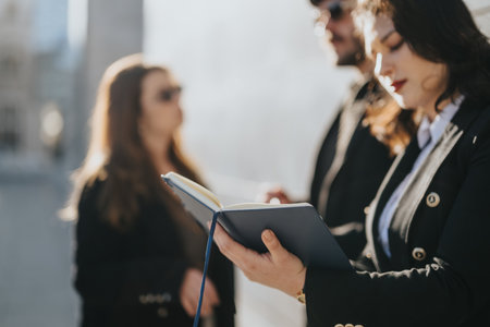 Dynamic team of young business entrepreneurs collaborating outdoors in the city.の写真素材