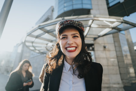 Cheerful young businesswoman with a radiant smile, working outdoors in the city with a focused female partner in the background.の写真素材