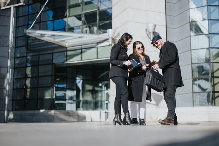 Three young people engaged in a serious business conversation outside a modern urban building, collaborating in the bright daylight.の写真素材