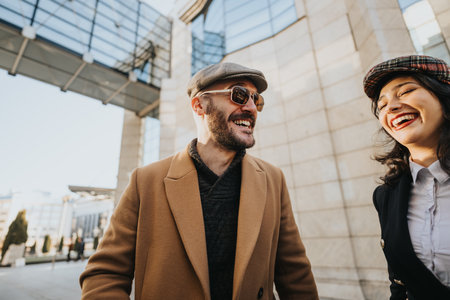 Two cheerful young entrepreneurs engage in a collaborative discussion outside modern urban architecture, portraying teamwork and remote work dynamics.の写真素材