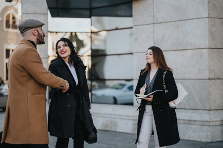 Warm handshake between smiling business colleagues on city street.