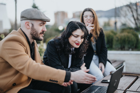 Three business professionals engaging in an outdoor business meeting in urban setting.