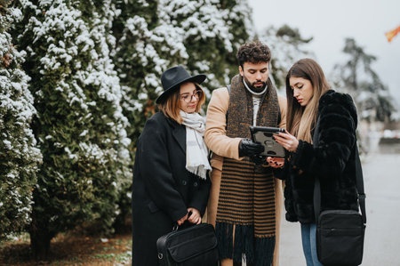 Group of stylish friends using tablet on a snowy day, winter fashion and technology.の写真素材