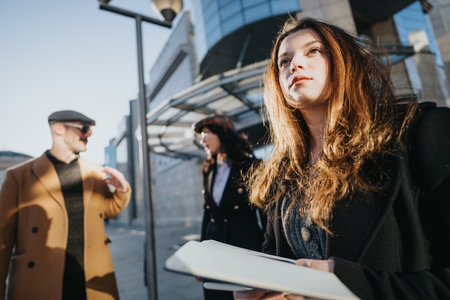 Young professional businesswoman holding documents with colleagues in background.の写真素材