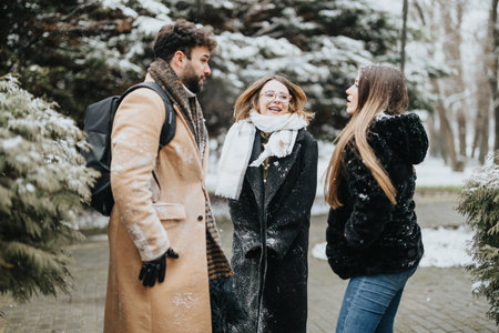A group of young businesspeople in winter attire enjoying a snowy day together, showcasing teamwork and camaraderie in a casual outdoor setting.の写真素材