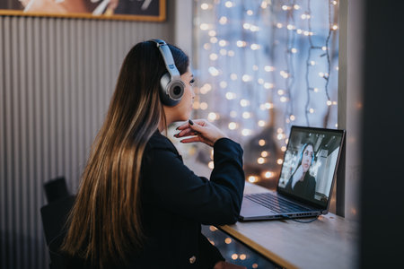 Focused young female professional having an online video call with a coworker, illuminated by warm fairy lights in the evening.の写真素材