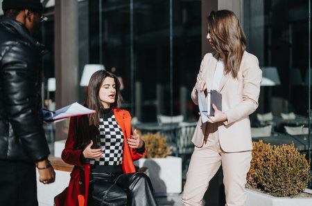Outdoor business meeting with colleagues exchanging documents in urban setting.の写真素材
